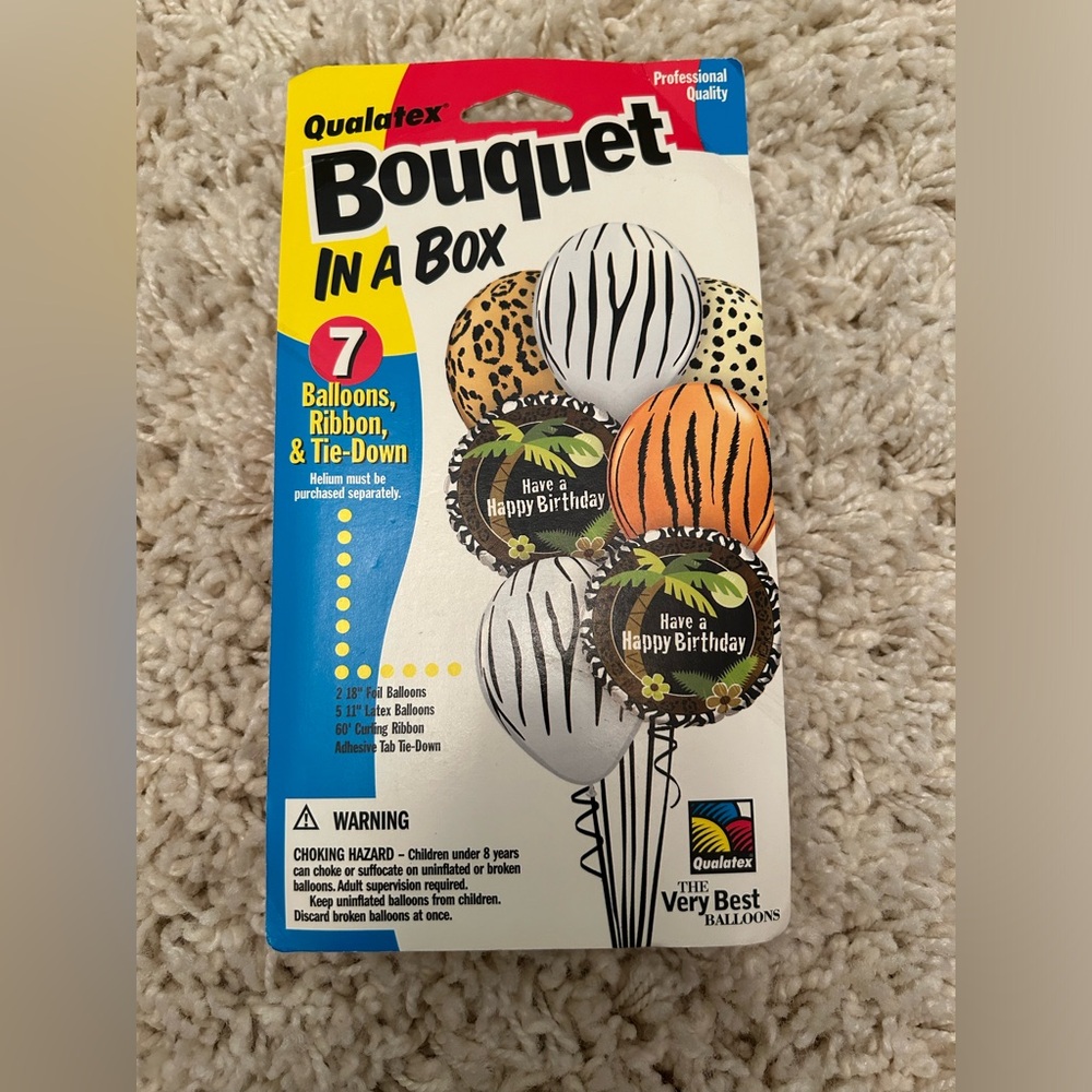 BIRTHDAY BALLOON BOUQUET 7 BALLOONS PLUS RIBBON PARTY DECORATIONS ANIMAL PRINT
